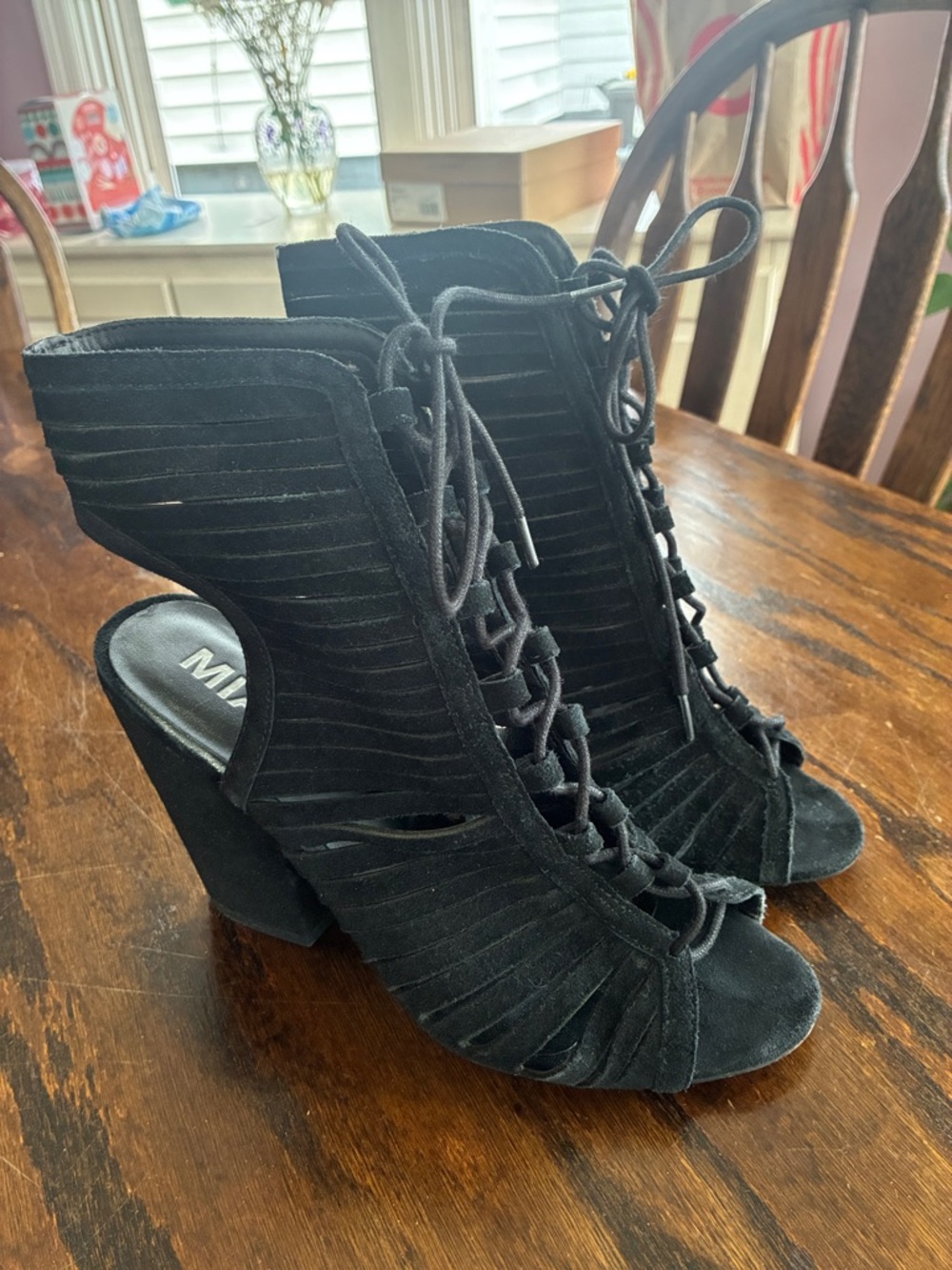 MIA Black Suede Lace-Up Cutout Block Heel Sandals
